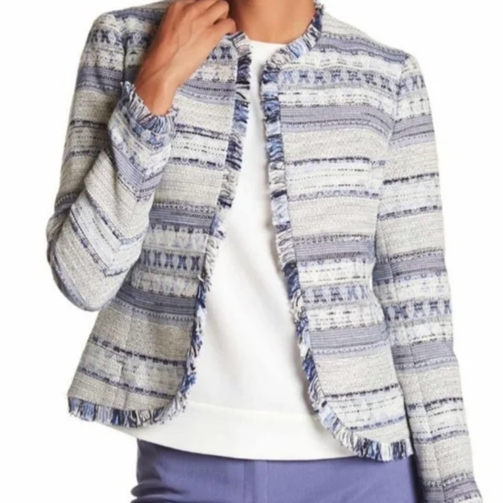 Anne Klein Blue White Tweed Fringe Jacket Blazer Open Front Lined Women L